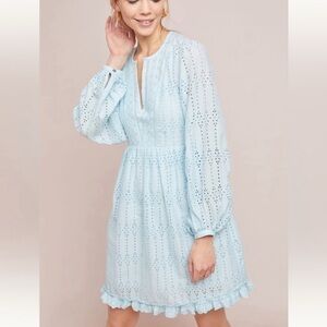 Anthropologie Light blue Babydoll Eyelet Dress balloon sleeves